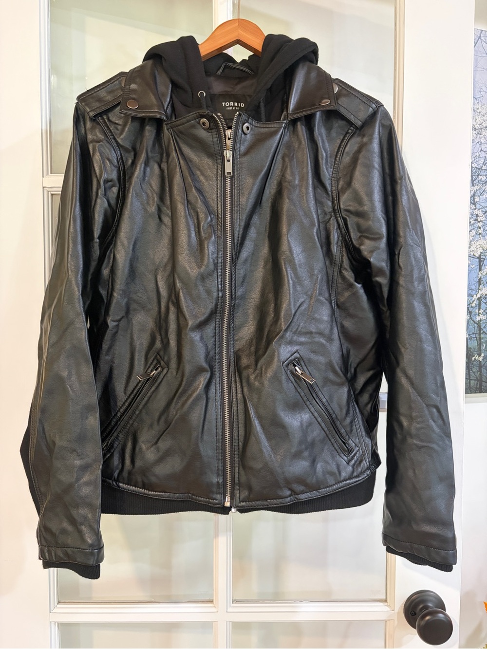 Torrid Black Faux Leather Moto Jacket Hooded Mixed Media Zip Ribbed Hem 1X